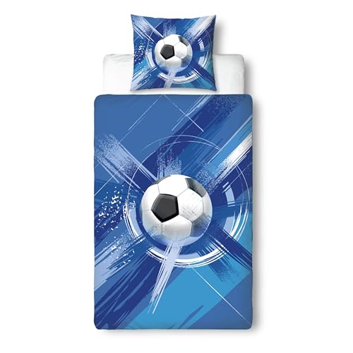 MTOnlinehandel Fußball Bettwäsche 135x200, Kinderbettwäsche 80x80 + 135x200, blau Jungenbettwäsche - Öko-Tex Teenager Bettwäsche aus Microfaser, Geschenkidee für Kinder, angenehm & weich