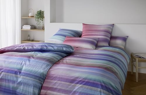 elegante Mako-Batist Bettwäsche 135x200 Swoosh Streifen blau pink 24518-11