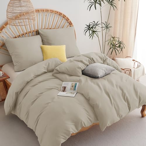 WAVVE Bettwäsche 135x200 4teilig Beige - Bettbezüge 135 x 200 2er Set mit Kissenbezüge 80x80 cm, Bettwäsche-Sets 135x200cm aus Mikrofaser mit Reißverschluss Weich