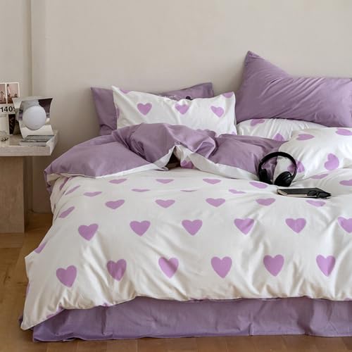 Michorinee Herz Bettwäsche 135x200 2 Teilig Weiß mit Lila Herzen Herzmuster Bettbezug Set 2tlg Violett Herzchen Romantisch Mikrofaser Weich Bettwäsche-Sets mit Reißverschluss und Kissenbezüge 80x80 cm