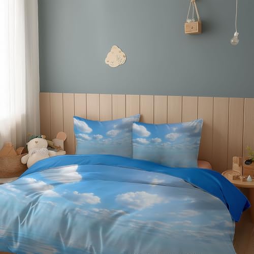 Bettwäsche Hellblau 3 teilig 200 x 200 cm Microfaser Bettwäsche Set Schöner Blauer Himmel Weiße Wolken Bettdeckenbezug Modern Deckenbezug Bettwaesche mit Reißverschluss