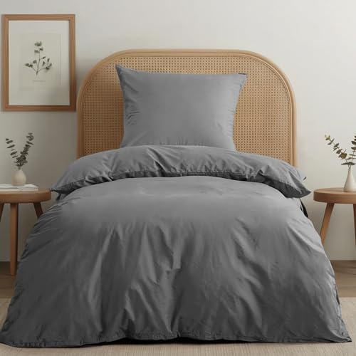 Dreamzie Bettwäsche-Set 135x200 aus Baumwoll-Perkal – Anthrazit – Bettbezug 135x200 und 2X Kissenbezug 80x80 cm – Oeko-Tex Zertifiziert
