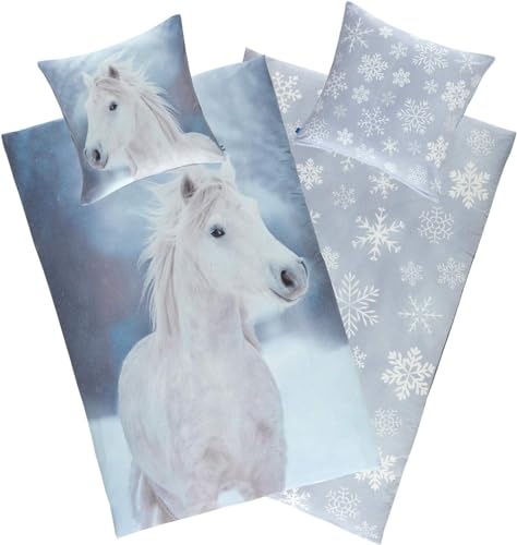 Aminata kids Biber Pferde Bettwäsche 135x200 Mädchen Kinder Pferdebettwäsche - Motiv mit Pferd - warm & kuschelig - 2teilig mit Reißverschluss - weiß, blau Schneeflocken