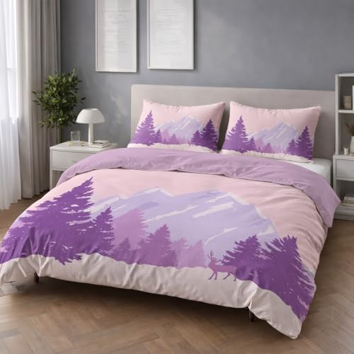 Bettwäsche 135 x 200 cm 2teilig Violett - Bettbezug 135 x 200 cm 2er Set mit Kissenbezüge 80x80 cmAtmungsaktiv Leicht Anti-Pilling bettwäsche mit Reißverschluss Minimalistisch Landschaft Kiefer