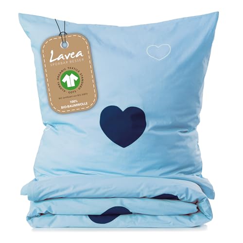 Lavea Matteo Bettwäsche Kinder, Kinderbettwäsche aus% Bio, mit Herzmotiv, weiche Bezüge für Bettdecke Kopfkissen, mit Reißverschluss, Hellblau Blau 155 x 220 80 x 80