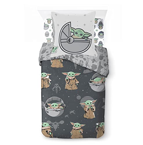Jay Franco Star Wars Mandalorian The Cutest Bounty 100% Baumwolle 3-teiliges Bettwäsche-Set 135x200cm Einzelbettgröße - Bettbezug + Spannbettlaken 90x200 cm + Kissenbezug 50x70 cm