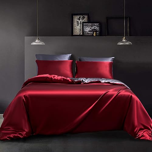 YASMENG Satin Bettwäsche 155x220 Rot Weinrot Dunkelgrau Wendebettwäsche Seide Bettwäsche 3teiling Glatt Glänzend Seidig Luxus Weiche Bettwäsche Satin mit Reißverschluss und 2 Kissenbezüge 80×80 cm YASMENG Satin Bettwäsche 155x220 Rot Weinrot Dunkelgrau Wendebettwäsche Seide Bettwäsche 3teiling Glatt Glänzend Seidig Luxus Weiche Bettwäsche Satin mit Reißverschluss und 2 Kissenbezüge 80×80 cm