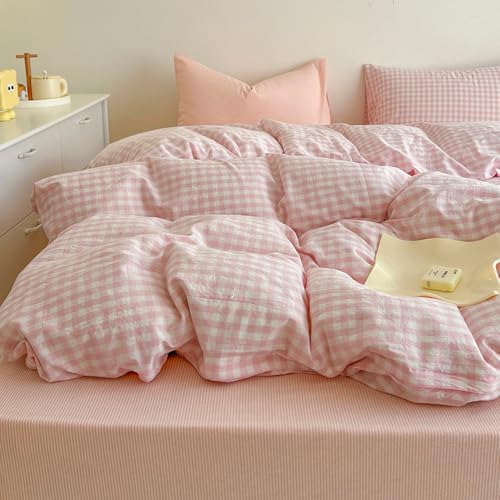 Covebett Bettwäsche Kariert 135x200 Rosa Weiß Bettwäsche Set Gewaschene Microfaser 2teilig, Aesthetic Elegantes Mädchen Karo Gitter Bettbezug mit Reißverschluss und Kissenbezug 80x80 cm