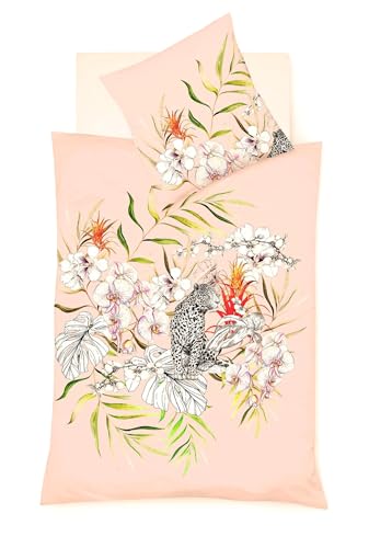 JACK by Fleuresse Mako Satin Bettwäsche 2tlg. 135x200cm Leopard Blätter Orchidee Apricot