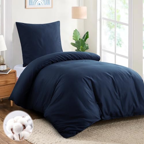 Aisbo Bettwäsche 140x200 Baumwolle Blau - Bettwäsche-Sets Bettbezug 140x200 mit Kissenbezug 80x80 cm, Baumwollbettwäsche Set, Oeko-TEX Bettwäsche Blau mit Reißverschluss