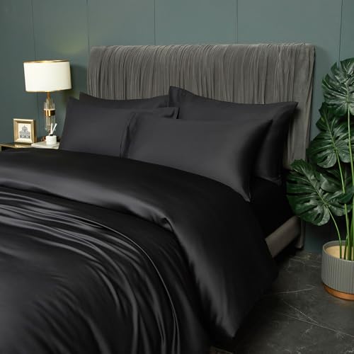 DXHOME Bambus Bettwäsche Schwarz 135x200cm Glatt Luxus Sommerbettwäsche Atmungsaktiv Kühlende Bambusfaser Bettwäsche-Set Einzelbett Bettbezug mit Reißverschluss und 1 Kissenbezug 80x80cm