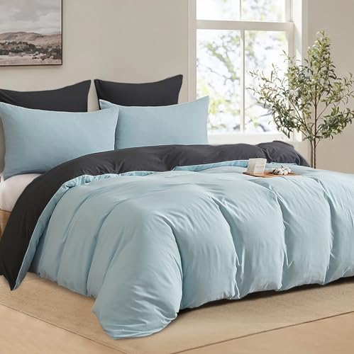 Boqingzhu Baumwolle Bettwäsche 200x200cm Blau Hellblau Grau Doppelbett Weich Renforce Wende Baumwollbettwäsche Bettbezug 200x200cm und 2 Kissenbezüge 80x80cm mit Reißverschluss