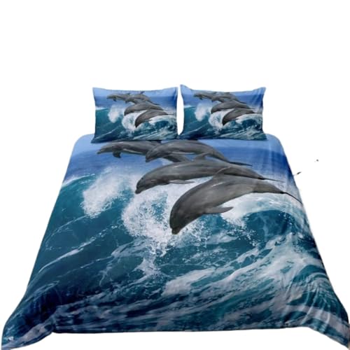3d BettwäSche,Bett WäSche 3D-Delphin im blauen Meer, Queen-King-Size-Bettwäsc he-Sets, Tier-Einzelbettdecke, Bettbezug-Set for Kinder und Erwachsene, Bett-Polyester-Bettwäsch e(18,228x228cm 3pcs)