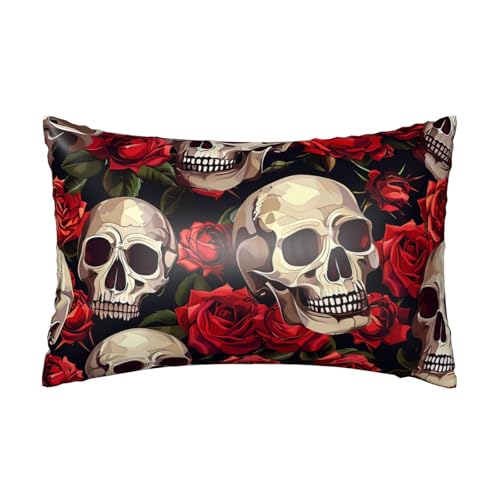 Satin-Kissenbezug, Motiv: Rosen, Halloween, Totenkopf, seidige Kissenbezüge für Haar und Haut, mit Reißverschluss, Skelett-Blume, kühlender Kissenbezug für Bettwäsche, Wohnzimmer, Sofa, 50 x 75 cm