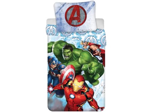 Jerry Fabrics Marvel Avengers Bettwäsche-Set für Mädchen, Bettwäsche und Kissen, Motiv: Hulk und Iron Man Captain America Thor, 100% Baumwolle, blau, 140 x 200 cm, Euro-Kissenbezug 90 x 90 cm