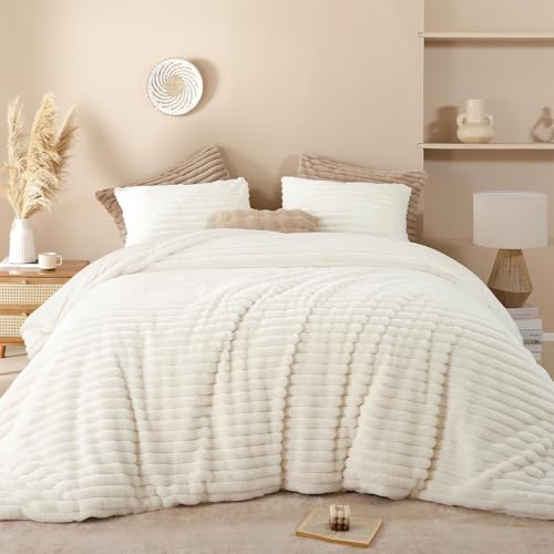 Lanqinglv Flauschig Bettwäsche 135x200 cm Weiß Gestreift,Plüsch Kunstfell Flanell Winterbettwäsche Warm Kuschelig Cashmere Touch Bettbezug mit Reißverschluss und 1 Kissenbezug 80x80cm