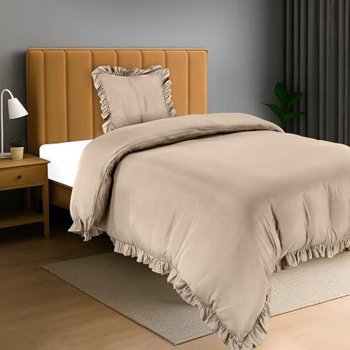 Utopia Bedding Rüsche Bettwäsche 135x200 Set - Mikrofaser Bettbezug 135x200 cm + 1 Kissenbezug 80x80 cm- Beige