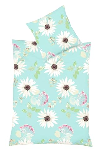 JACK by Fleuresse Seersucker Bettwäsche 2tlg. 135x200cm Margeriten Blätter Gelb Türkis Grün Weiß, Farbe:Türkis