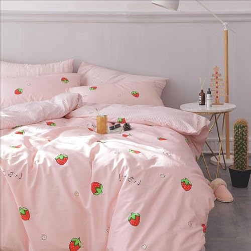 Nyescasa Bettwäsche 135x200 2 Teilig Rosa Erdbeere Bettwäsche-Set Mädchen Erdbeere Streifen Wendebettwäsche Kinder Mikrofaser Niedliche Früchte Bettbezug mit Reißverschluss und Kissenbezug 80x80cm