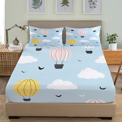 Doppelbett Spannbetttücher Set 160x200 cm Niedliche HeißLuftballonwolken Weiches Mikrofaser Bettlaken für Kinder Erwachsene 3 Teilig, Hellblau Anti-Falten und Schrumpf Bettwäsche-Sets