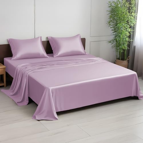 LINENWALAS Bettwäsche-Set für Doppelbett, Fadenzahl 300, 100 % Bambus, kühlendes Satingewebe, Seide, Bettwäsche-Set mit 1 Spannbetttuch, 1 Bettlaken und 2 Kissenbezügen (Doppelbett, Flieder)