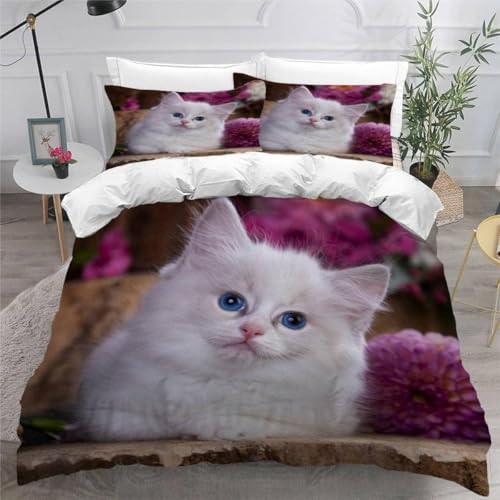 Bettwäsche 200x200 Weiße Katze Weich Mikrofaser Niedliche Tiere Bettwäsche-Sets 3D Bettbezug 3 Teilig Bettbezüge mit Reißverschluss und 2 Kissenbezüge 80x80 A-1340
