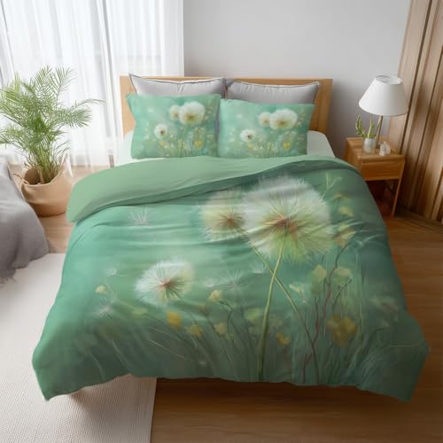 Grün Weiß Ruhig Weich Pusteblume B 200 x H 200cm Bettwäsche-Sets Wendebettwäsche Drucken Leichtgewicht Komfort Kuschelige Bettwäsche Duvet Cover mit Kissenbezüge
