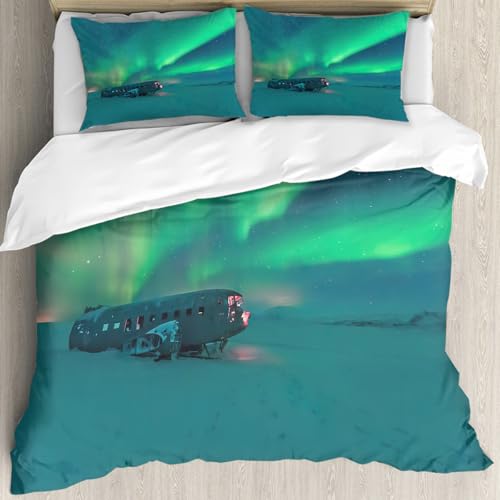 MJNLYDAO Sleeptime 100% Baumwolle Bettwäsche - Bettbezüge mit Reißverschluss - Set mit 2 Kissenbezüge,Nordlichter , altes Flugzeugwrack, Ansicht von Aurora Borealis, nebliger Wintertag,228x264 cm