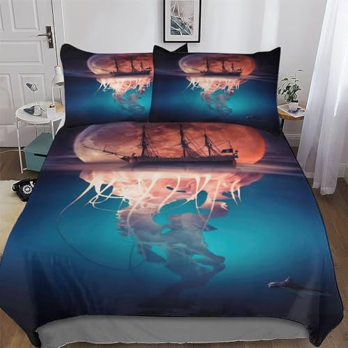 ABASWSA Sea Pirate Moon JellyFisch Bettwäsche Bettbezug Bettgarnitur Mikrofaser Deckenbezug 2teilig Mit Kissenbezug Erwachsene Kinder Bettbezüge Single(135x200cm)