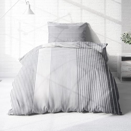 Träumschön Premium Bettwäsche 155x220 + 80x80 cm - Grau Gestreifts Design - Sommer Bettwäsche aus Baumwolle – Weich, Atmungsaktiv & Hautfreundlich - bügelfrei