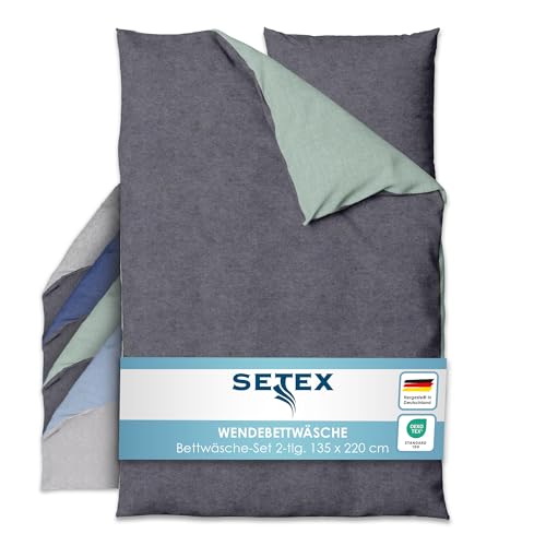 SETEX Wendebettwäsche 135x200 cm - 2-teiliges Bettwäsche-Set in ansprechendem Salbei-Dunkelgrau-Design, Inklusive Bettdeckenbezug und Kissenbezug (80x80 cm), Aus 90% Baumwolle/10% Polyester