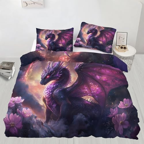 Drachen-Bettwäsche-Set, orientalische Drache, King-Size-Größe, Fantasie-Tier-Bettbezug, universell für alle Jahreszeiten, mit 2 Kissenbezügen, 230 x 220 cm