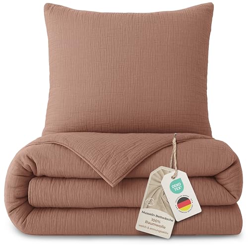 LAYNENBURG Premium Musselin Bettwäsche 135x200 cm + 80x80 cm - Oeko-Tex – 100% Baumwolle – atmungsaktiv & bügelfrei – 3 lagiges Musselin mit Reißverschluss & Haltebändern (braun)