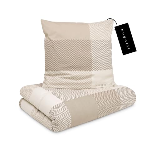 bugatti 2in1 Bettwäsche 155x220 cm - 100% Baumwolle Satin-Flanell Kombibettwäsche, Reißverschluss, anschmiegsam, weich & waschbar, Bettbezug beige Karo