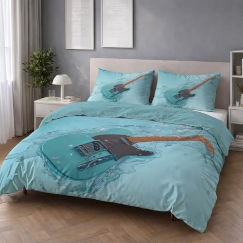 Türkis Flauschige Zweiseitig Bettwäsche Set - Modern Gitarre Wasser Ruhe - Bettwäsche Kuschlig Weich Farbbeständig Bügelfrei Microfaser Bettbezug 155 x 220 mit Reißverschluss