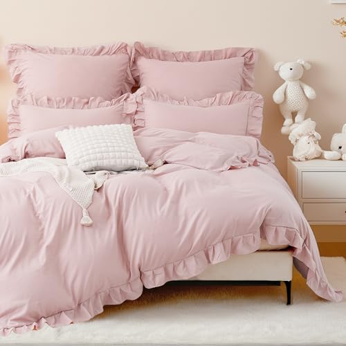 TOCOMOA Rüschen Bettwäsche 135x200, Mädchen Bettwäsche Rosa, Aesthetic Bettwäsche-Sets, Weich Mikrofaser Bettbezug Öko-Tex Zertifiziert mit Reißverschluss, Kissenbezug 80x80 cm