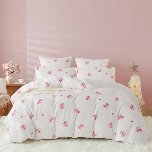 Covebett Flanell Bettwäsche 200x200 Weiß mit Rosa Schleifen Herzen Winter Warm Plüsch Biber Winterbettwäsche Flauschig Cashmere Touch Kawaii Bettbezug und 2 Kissenbezug 80x80cm Reißverschluss