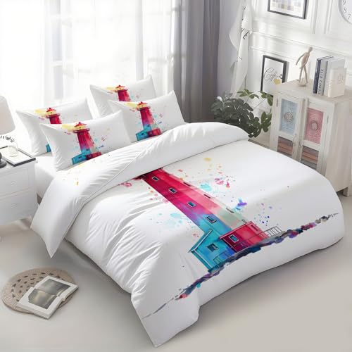 CozyRest Bettwäsche Set Doppelbett Wende Atmungsaktive Bettbezug Set, Aquarell Leuchtturm Muster, Flauschige Bettbezug mit Reißverschluss und 80x80cm Kissenbezug