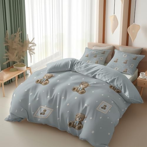 Srigzcaly Kinder Bettwäsche Set Schlafkomfort Anti Allergie, Microfaser Weiche Cartoon Teddy Bär Punkte Bettwäsche 155x220cm - Hellgrau-Blau Deluxe Reversible Bettbezug 3-teilig mit 2 Kissenbezug Srigzcaly Kinder Bettwäsche Set Schlafkomfort Anti Allergie, Microfaser Weiche Cartoon Teddy Bär Punkte Bettwäsche 155x220cm - Hellgrau-Blau Deluxe Reversible Bettbezug 3-teilig mit 2 Kissenbezug