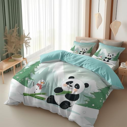 Srigzcaly Cartoon Panda Isst Bambus 135 X 200 cm Bettwäsche Set Mit Reißverschluss Türkis Für Jungen Mädchen Mikrofaser Betten Set, Bettbezug Mit 2 Kissenbezug