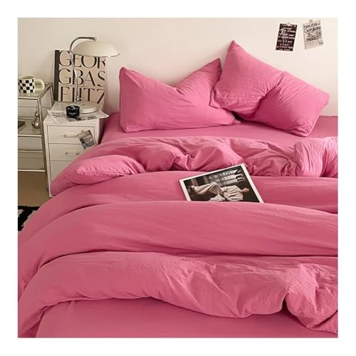 MZP Bettwäsche 150x200 4teilig Bettbezug Bettwäsche-Sets 180x 200 cm Spannbettlaken Kissenbezug Gewaschene Baumwolle Einfarbig Bügelfrei mit Reißverschluss(Pink C,King)