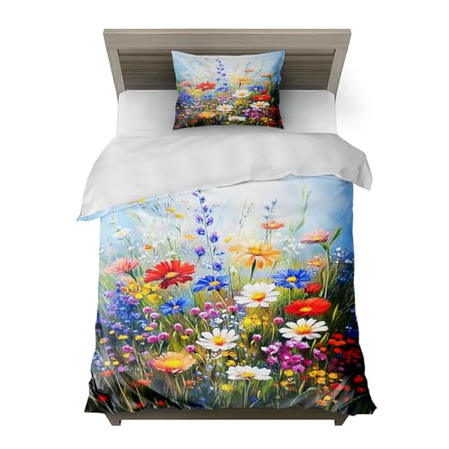 HommomH Aquarell-Margeriten Künstlerisch Bettwäsche Set:1 Duvet 135x200cm + 1 Kissenbezug 80x80cm - 100% Polyester,Weiche Aquarell-Margeriten-Szene