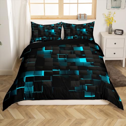 Teal und Schwarz Bettwäsche Sets 135x200,Neon Türkis Geometrische Check Tröster Abdeckung für Kinder Jungen Erwachsene Stereoskopische Abstrakte Plaid Gitter Bettbezug Geometrie Quadrat Bettwäsche