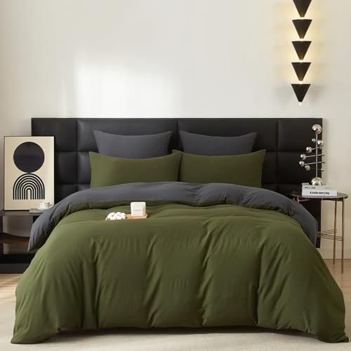 Gezu Baumwolle Bettwäsche 135x200 cm 2-teilig oliv grün grau - Einzelbettwäsche - Oeko-TEX Standard - weich und wendbar - Bettbezug 135 x 200 cm und Kissenbezüge