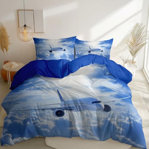 Bettwäsche Set Einfach Flugzeug Himmel Wolken Thema, Reversibel Einfache Pflege Bettbezug mit 2 Kissenbezug 80 x 80 cm, 220 x 240 cm Weiche Gebürstete Mikrofaser Bettbezug, Klein Blue
