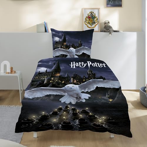 Biber/Flanell Bettwäsche-Set Harry Potter 135x200 80x80 cm · Kinderbettwäsche aus 100% Baumwolle · Motiv mit Eule Hedwig und Hogwarts Wappen · Winter-Bettwäsche zum Wenden