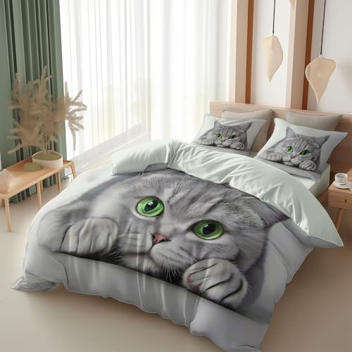 Srigzcaly Tier Kurzhaar Katze Moderne Hd Fotografie Bettbezug 155X220 cm Blassgrau Bettwäsche Set Weich Mikrofaser, Atmungsaktiv & Antiallergisch Mit Reißverschluss & 2 Kissenbezug 80X80Cm