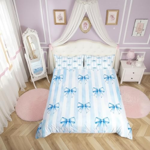 feelingyou Niedliche Bowknot Kinder Bettdecke M Größe Vintage Klassische Blaue Streifen Krawatte Troster Abdeckung für Jungen Mädchen Träumige Prinzessin Mädchen Stil Bettwäsche Set(1 Kissenbehälter)