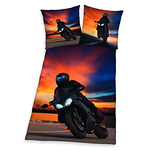 Herding Bettwäsche-Set, Motorrad-Wendemotiv, Kopfkissenbezug 80 x 80 cm, Bettbezug 135 x 200 cm, Mit leichtläufigem Reißverschluss, Baumwolle/Renforcé