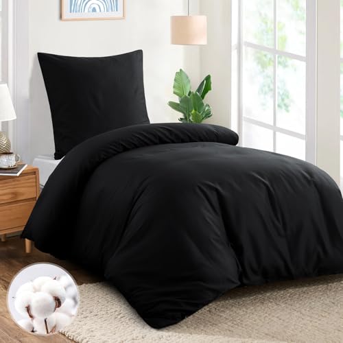 Aisbo Bettwäsche 155x220 Baumwolle Schwarz - Bettwäsche-Sets Bettbezug 155x220 mit Kissenbezug 80x80 cm, Baumwollbettwäsche Set, Oeko-TEX Bettwäsche Schwarz mit Reißverschluss
